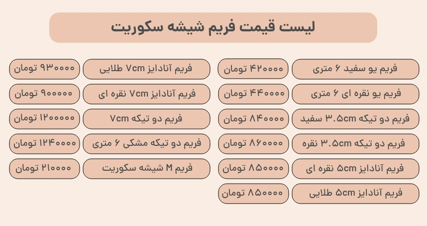 لیست قیمت فریم شیشه سکوریت